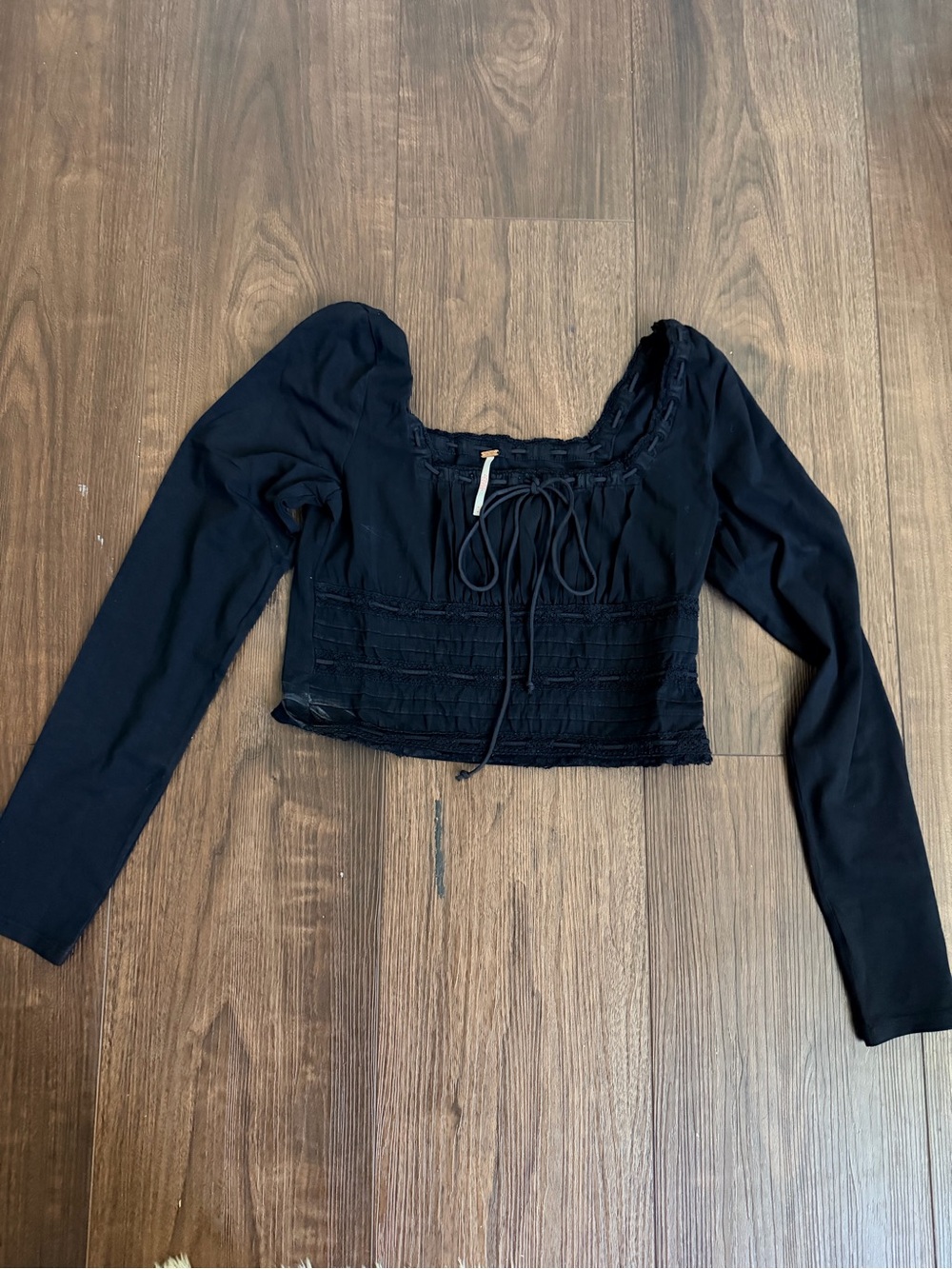 Free People Black Long-Sleeve Smocked Crop Top with Front Tie